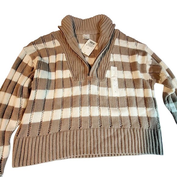 Plaid Mock Neck Sweater By A New Day In Taupe & Cream Acrylic/Cotton Blend Siz S - Picture 10 of 12